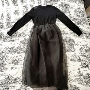 Elegant 100% Wool Knit Combination Midi Dress Black Tonal Semi-sheer Hem Dress